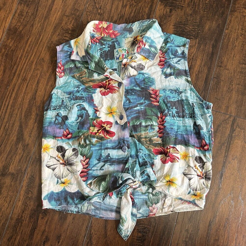 Jams World Womens Medium Tropical Beach Tank Top Tie Front Button Made in Hawaii